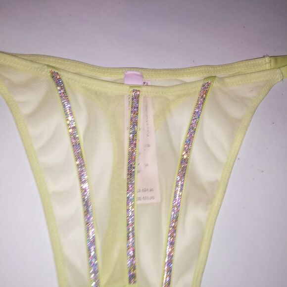 Victoria Secret Panty XL Thong Yellow Sheer Shine Strap Very Sexy New - Picture 8 of 11